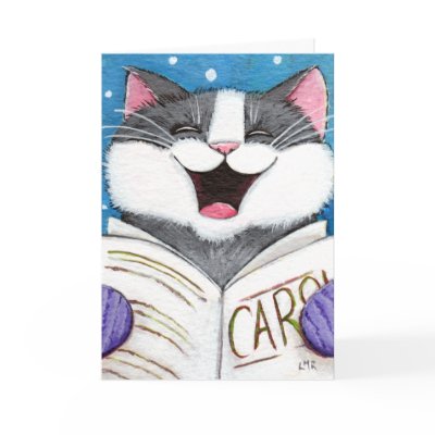 Cute Carol Singing Cat Christmas Card by LisaMarieArt
