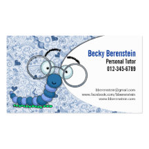 Cute Cartoon Bookworm Tutor Blue Business Card