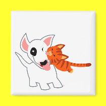 Cute Cartoon Bull Terrier and Kitten Magnet