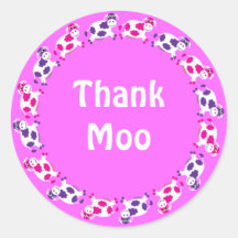 Cute Cartoon Cows Pink Thank Moo (You) Round Sticker
