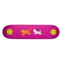 Cute Cartoon Dog Chasing Cat Pink Skateboard