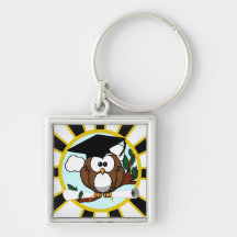 Cute Cartoon Graduation Owl With Cap & Diploma Keychain