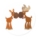 Cute Cartoon Moose Couple in Love Round Sticker