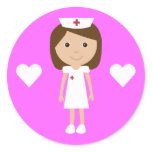 Cute Cartoon Nurse & Hearts Customizable Pink Round Stickers