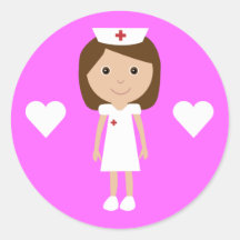 Cute Cartoon Nurse & Hearts Customizable Pink Round Stickers