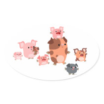 Cute Cartoon Pig Family  Oval Sticker