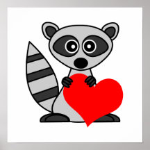 Cute Cartoon Raccoon Holding Heart Poster / Print