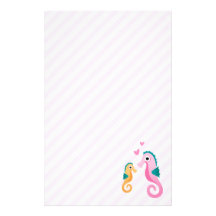 Cute cartoon seahorses on pale pink stripes custom stationery