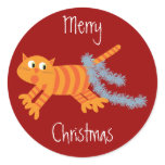 Cute Cat With Tinsel On Tail Christmas Stickers