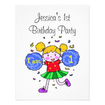 Cute cheerleader 1st birthday girl party custom invite