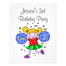 Cute cheerleader 3rd birthday girl party personalized announcements