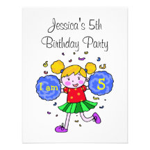 Cute cheerleader 5th birthday girl party invitation