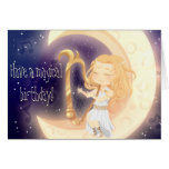 Cute Chibi girl playing harp on the moon birthday cards
