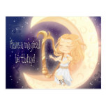 Cute Chibi girl playing harp on the moon birthday postcards