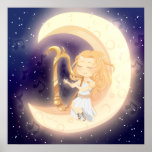 Cute Chibi girl playing the harp on the moon posters