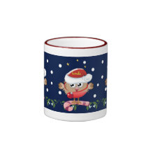 Cute Christmas Mug wth Santa hat birds & Name