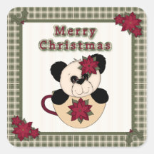 Cute Christmas Panda Bear on Plaid Christmas Fun Square Stickers