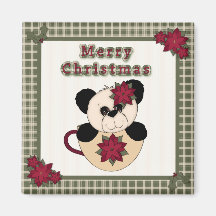 Cute Christmas Plaid Pattern Border & Panda Bear Refrigerator Magnet