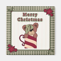 Cute Christmas Plaid Pattern Border & Teddy Bear Magnet