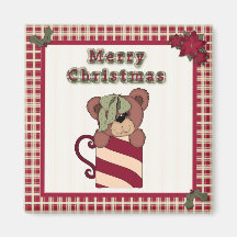 Cute Christmas Plaid Pattern Border & Teddy Bear Fridge Magnet
