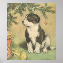 Cute Christmas Puppy Sitting Under Christmas Tree Poster