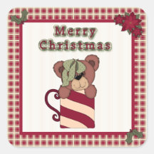 Cute Christmas Teddy Bear on Plaid Christmas Fun Square Stickers
