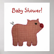 Cute Country Style Pink Plaid Pig Baby Shower Posters