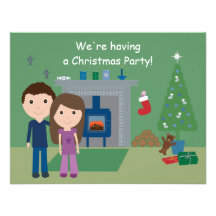 Cute Couple & Tree Christmas Party Invitations