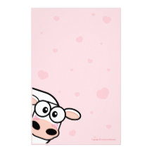 Cute Cow and Love Hearts on Pink Stationery Paper