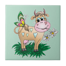 Cute Cow & Butterfly Ceramic Tile