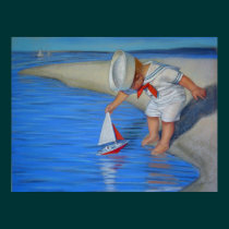 Cute decor art beach Poster, Sailor Boy & sailboat posters