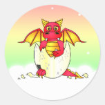 Cute Dragon Baby in Cracked Egg - Red / Yellow Round Sticker