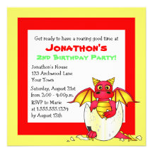 Cute Dragon Themed Child Birthday - Red and Yellow Personalized Invitations