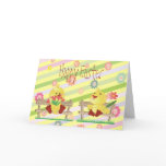 Cute Easter Chicks on Bench with Flowers Cards