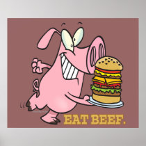 cute eat beef burger piggy pig cartoon posters