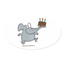 cute elephant with chocolate birthday cake oval sticker