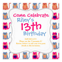 Cute Fat Kitty Cats in Pink Melon Blue Unique Gift Personalized Invite