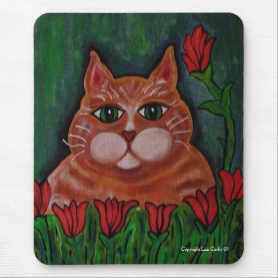 Cute Fat Orange Tabby Cat and Flowers mousepad by corbyscats
