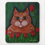 Cute Fat Orange Tabby Cat and Flowers mousepad