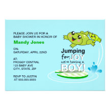 Cute frog jumping for joy Blue Boy Baby Shower Invitation