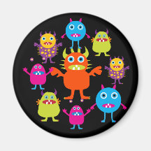 Cute Funny Monster Party Creatures in Circle Fridge Magnet