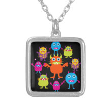 Cute Funny Monster Party Creatures in Circle Pendants