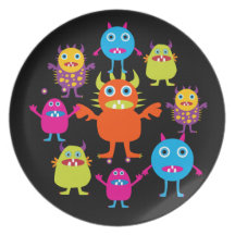 Cute Funny Monster Party Creatures in Circle Plates