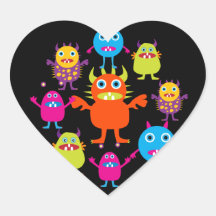 Cute Funny Monster Party Creatures in Circle Heart Sticker