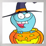 cute ghost witch in halloween pumpkin posters