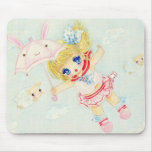 Cute girl flying with kawaii bunny umbrella mouse pad
