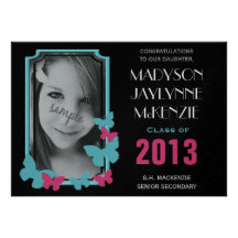 Cute Girl Graduation Pink Blue Butterflies Frame Custom Announcements