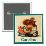 Cute Girl Reading a Book with name Pinback Button