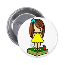 Cute girl teacher with a red apple buttons
