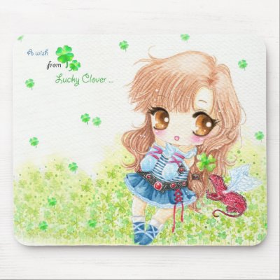 Cute girl with lucky clovers mouse pad by daothuyduong